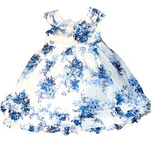 Laura Ashley White Layered Cotton Dress w Blue Flower Print. EUC. Size 3T.